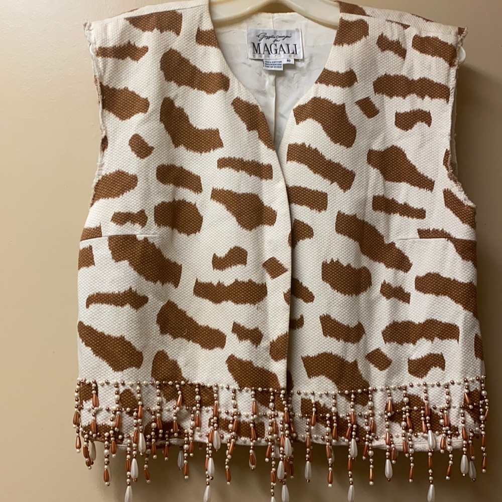Vintage animal print top or vest with beaded trim